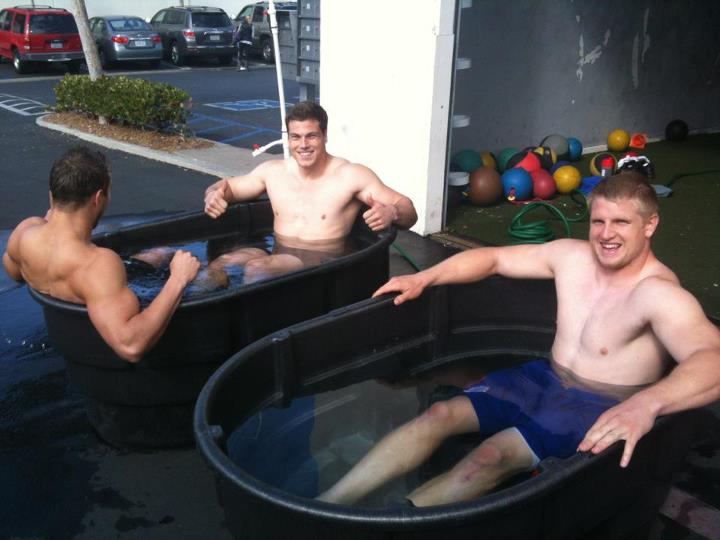 Ice Baths are simple and effective when implemented correctly, as seen here by Juggernaut NFL Clients, Miles Burris (Raiders), Shea McClellin (Bears) and Devon Wylie (Chiefs)