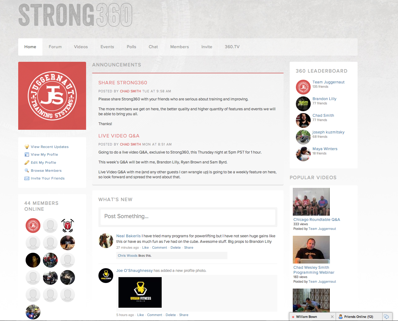 Here's a shot of the STRONG360 Homescreen, showing a user's profile pic, recent posts, Chad's announcement about the upcoming Live video Q/A, and my conversation with members online in the bottom right corner